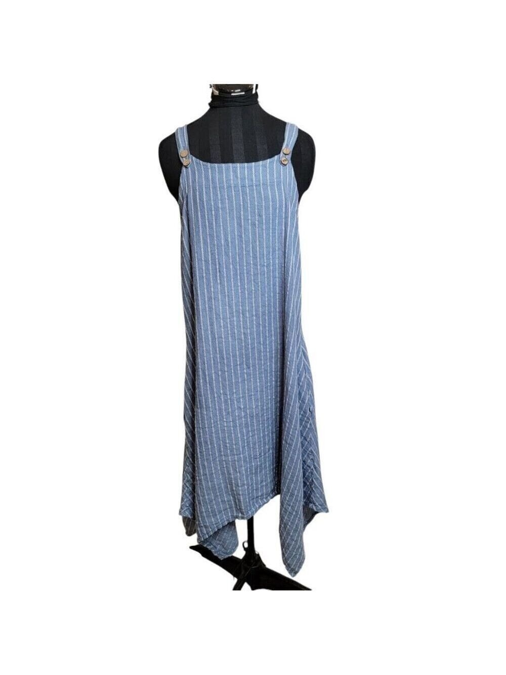 Vasna Italy Linen Dress – Blue Pinstripe Handkerchief Hem | Size S | Made Italy